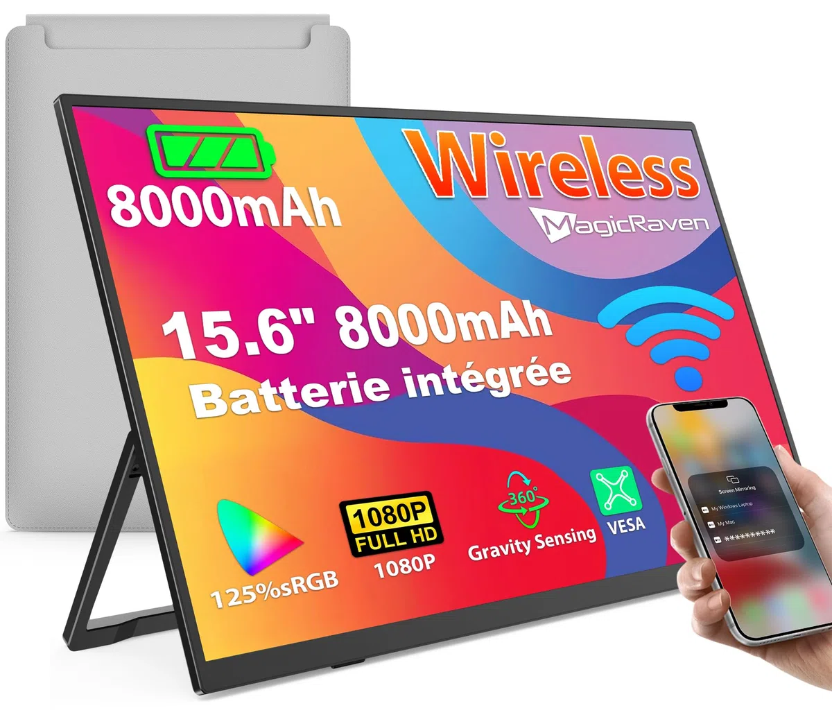 MAGICRAVEN Ecran Portable sans Fil avec Batterie 8000mAh, 15,6" 1080P IPS Moniteur Portable, Ecran Externe Portable Haut-Parleurs Intégrés, Extension écran pour PC/Téléphone/Tablette