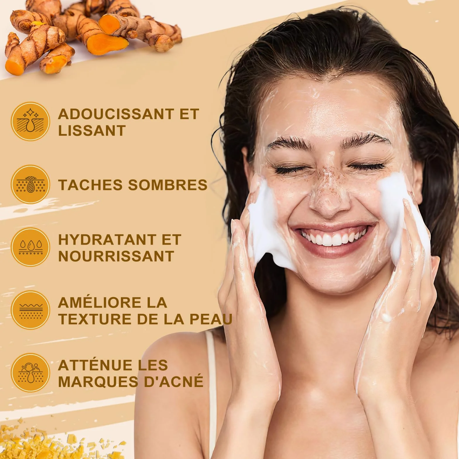 Savon à l'Acide Kojique et Curcuma, Savonnette 3x80g pour Points Noirs, Acné et Taches Foncées