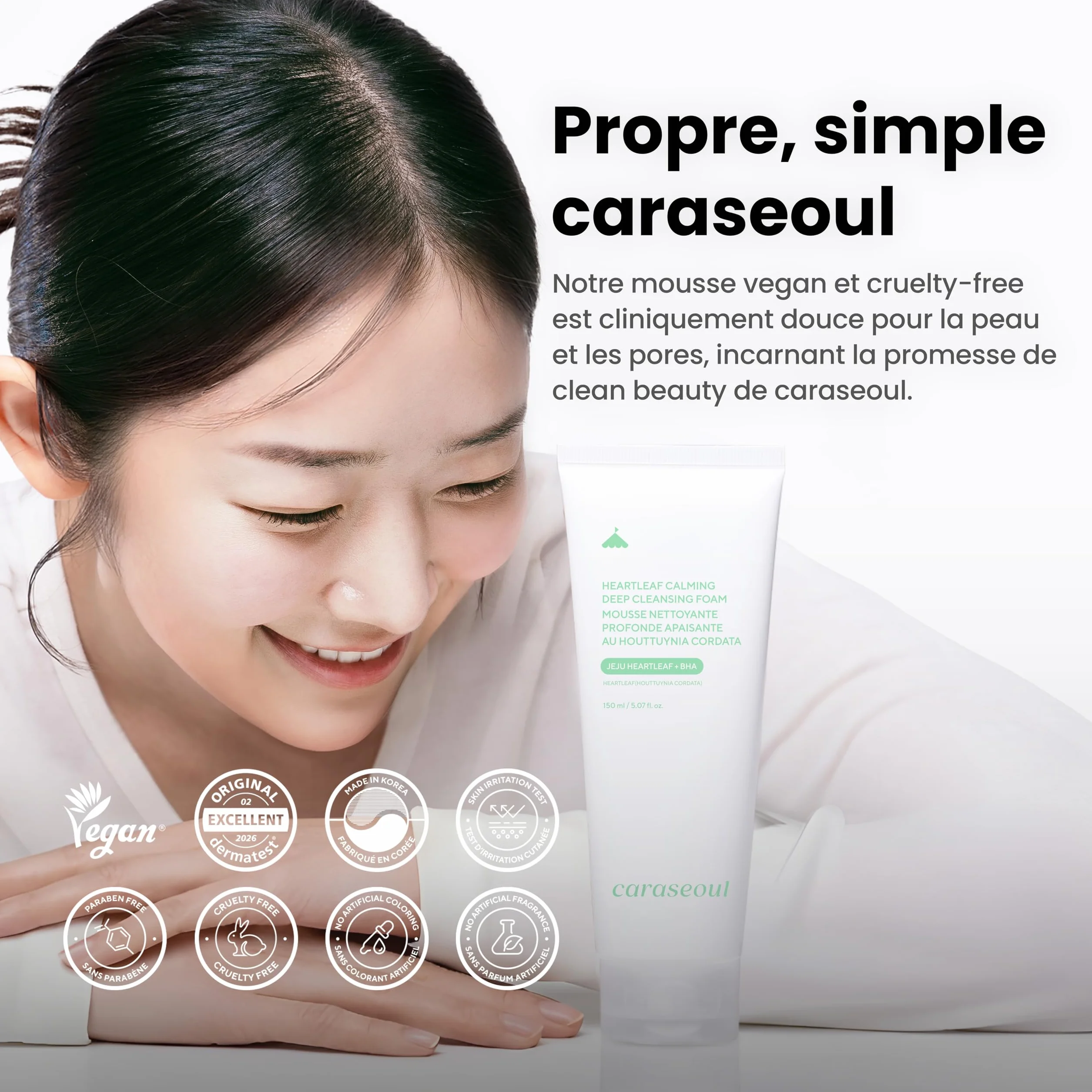 Caraseoul Heartleaf Mousse Nettoyante Apaisante Profonde, Nettoyant Visage pour Double Nettoyage, Acide Hyaluronique & BHA, 150ml