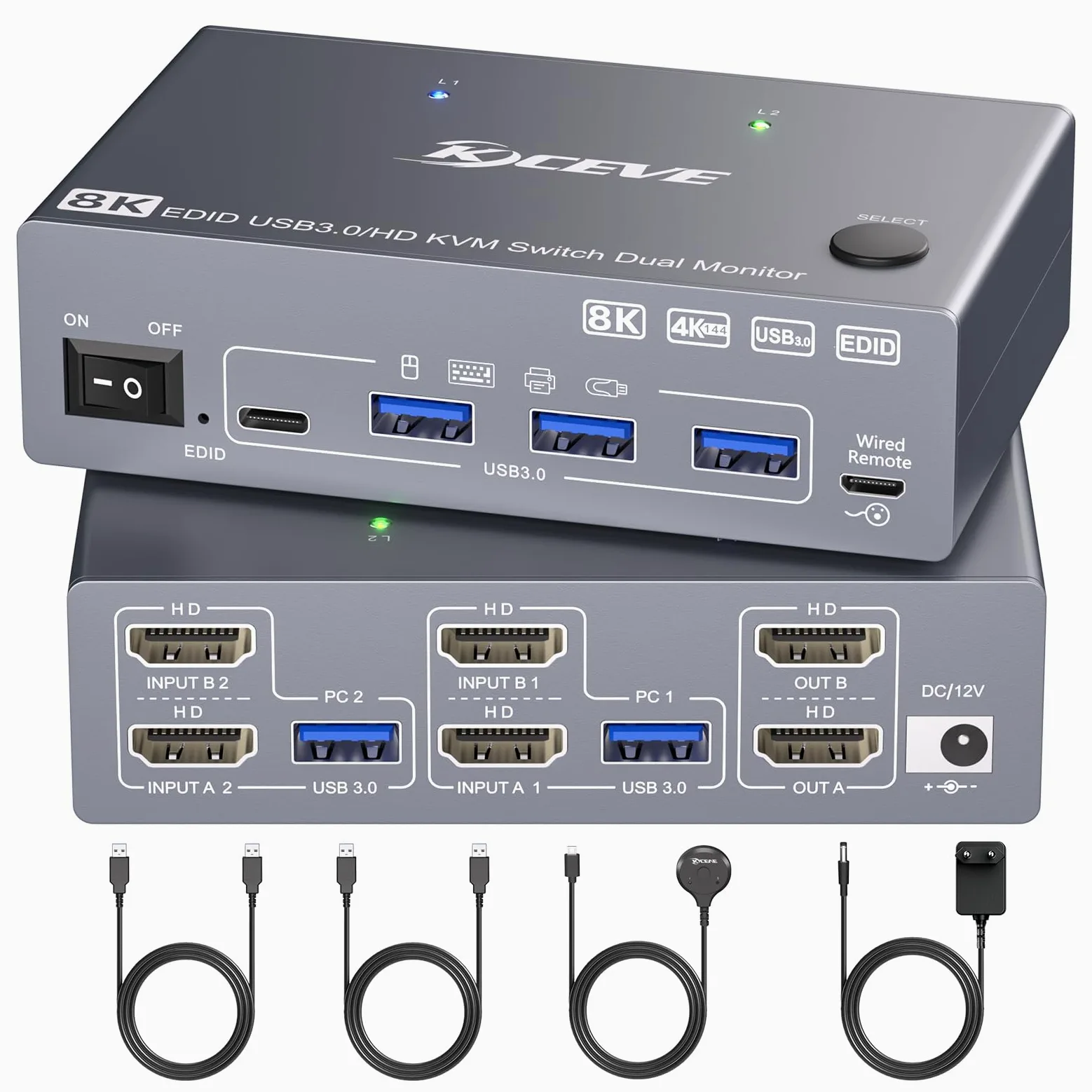 USB 3.0 HDMI KVM Switch 2 PC 2 Moniteur mit EDID, 8K@60Hz & 4K@144Hz, Dual Monitor KVM Switch Partage 4 USB 3.0 Ports Souris, Clavier, Wired Remote(8K HD 2 in 2 out KVM)