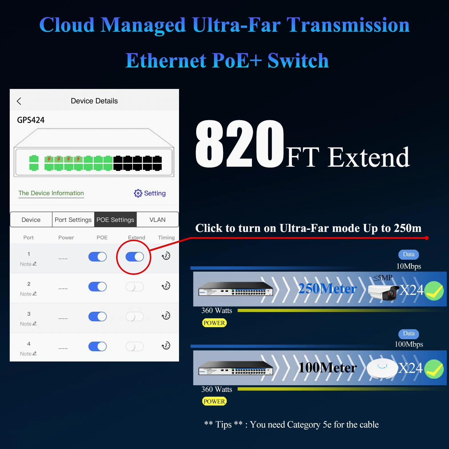 Switch Gigabit PoE 24 Ports Gestion Cloud Goalake | 360W, 802.3af/at, 2 Ports SFP + Uplink | VLAN, Réinitialisation Cloud, Portée 250m | Contrôle Facile par Application
