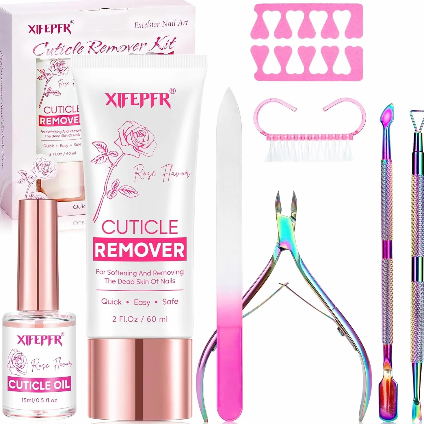 Kit élimination cuticules rose - Crème, huile, coupe-ongles, pousse-cuti et pince