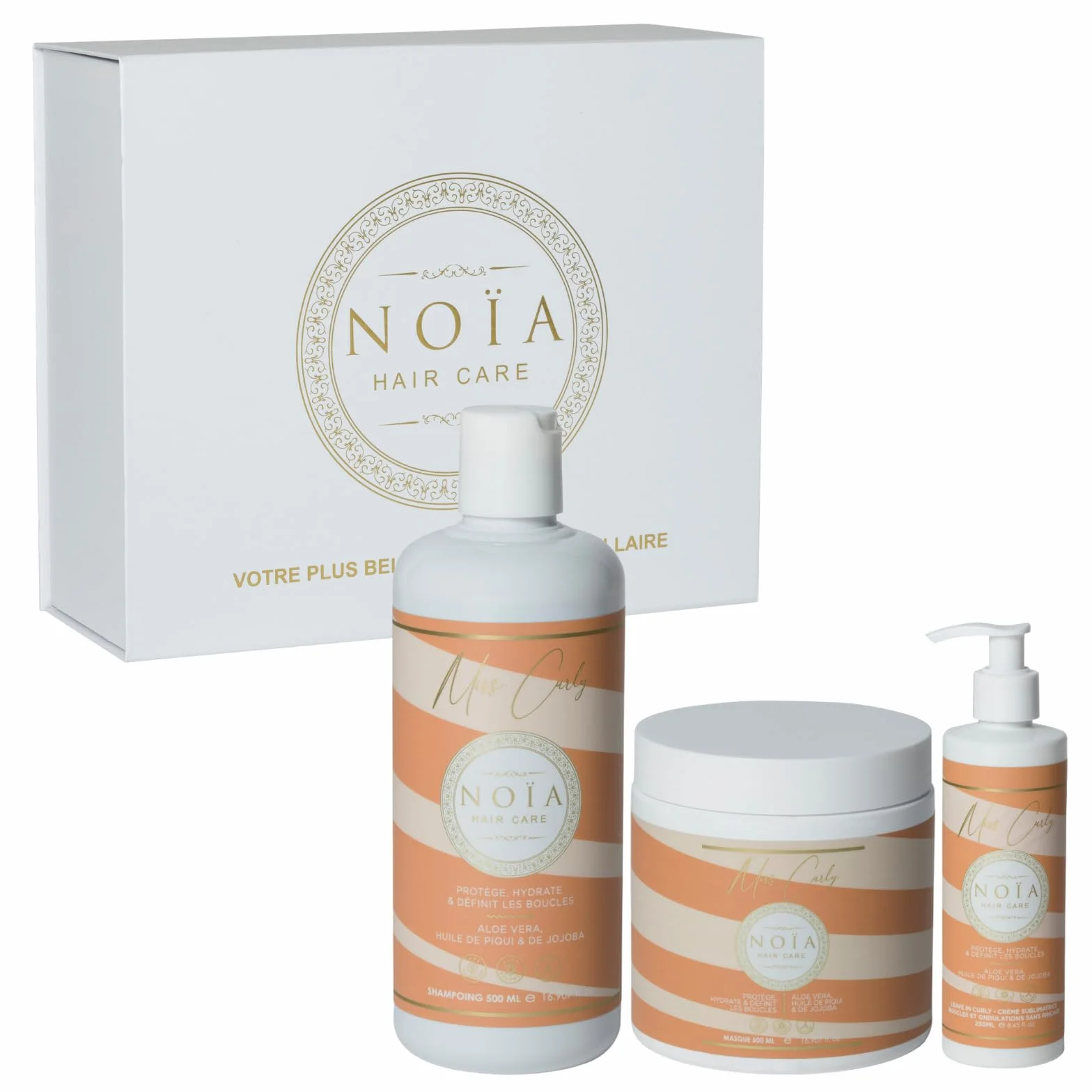 NOÏA HAIR Coffret Trio Professionnel CURLY Shampoing Masque Sérum 500ml 250ml Cheveux Bouclés Frisés Crépus