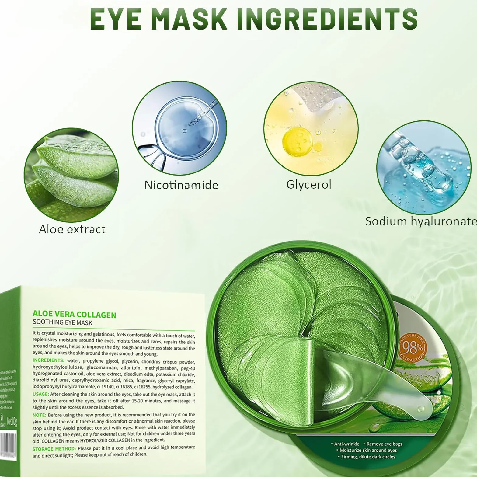 60 Pièces Masque Yeux Patch Collagène Acide Hyaluronique Aloe Vera Anti Cernes Hydrogel Eye Patchs Rafraîchissants