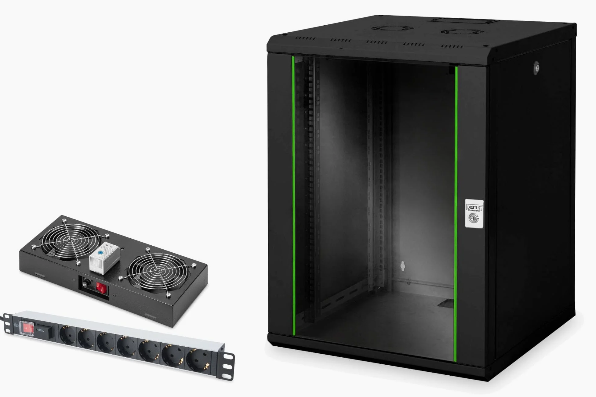 DIGITUS Set: Armoire réseau 19" 16U + Ventilateur de Toit + Bloc multiprise 7 Ports // Rack 19 Pouces - Montage Mural - 600mm de Profondeur - Charge 100kg - Profondeur utile 305-450 mm - Noir