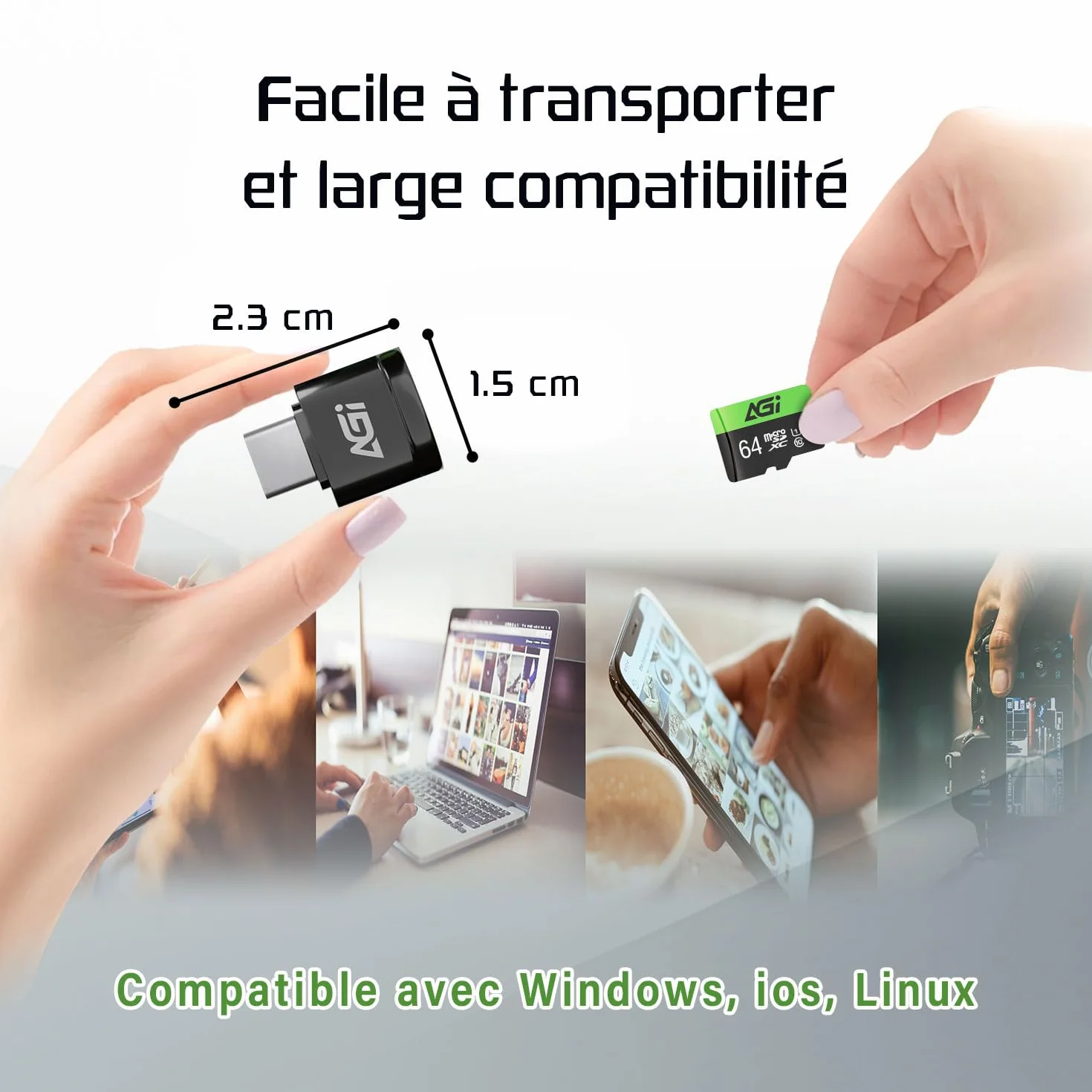 AGI TF138 Carte Micro SD MicroSDXC 64 Go avec Adaptateur SD Lecteur de Carte Type C USB 2.0 OTG