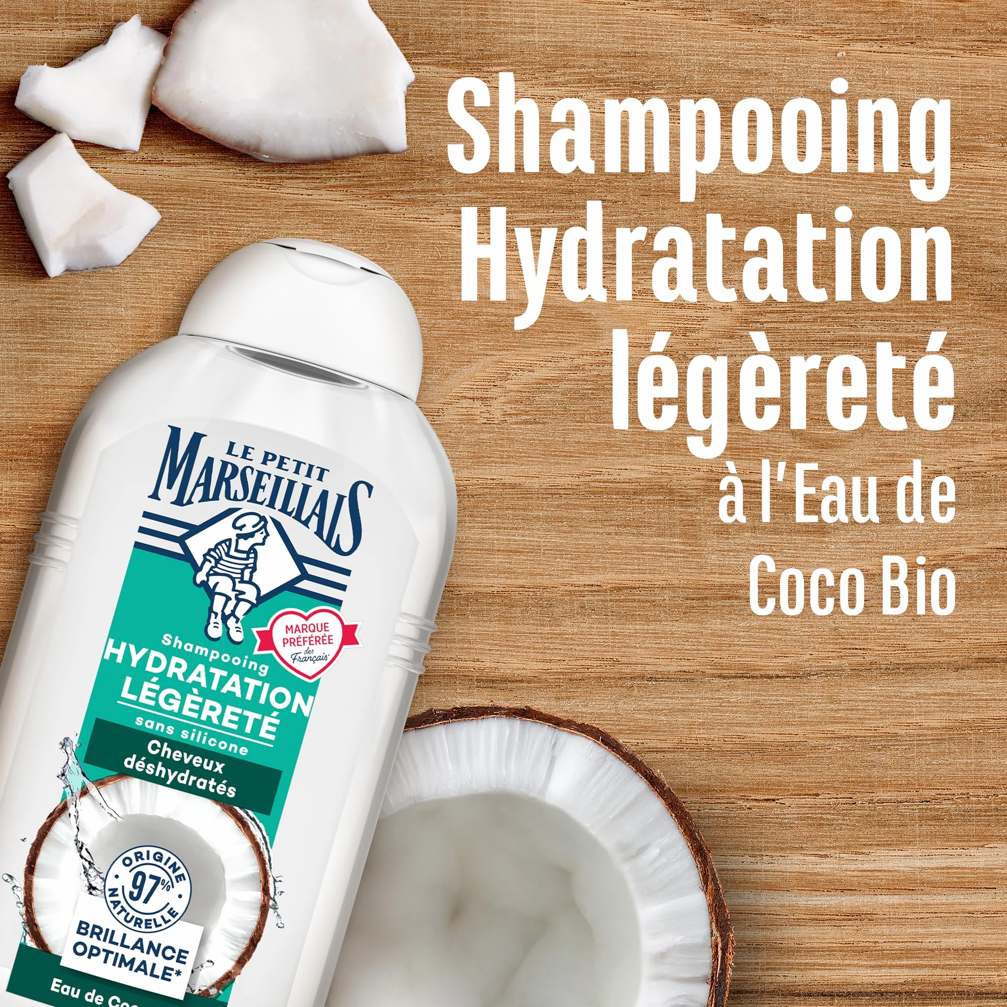 Le Petit Marseillais Shampooing Hydratation Légèreté Eau de Coco Bio 250 ml Sans Silicone Cheveux Déshydratés