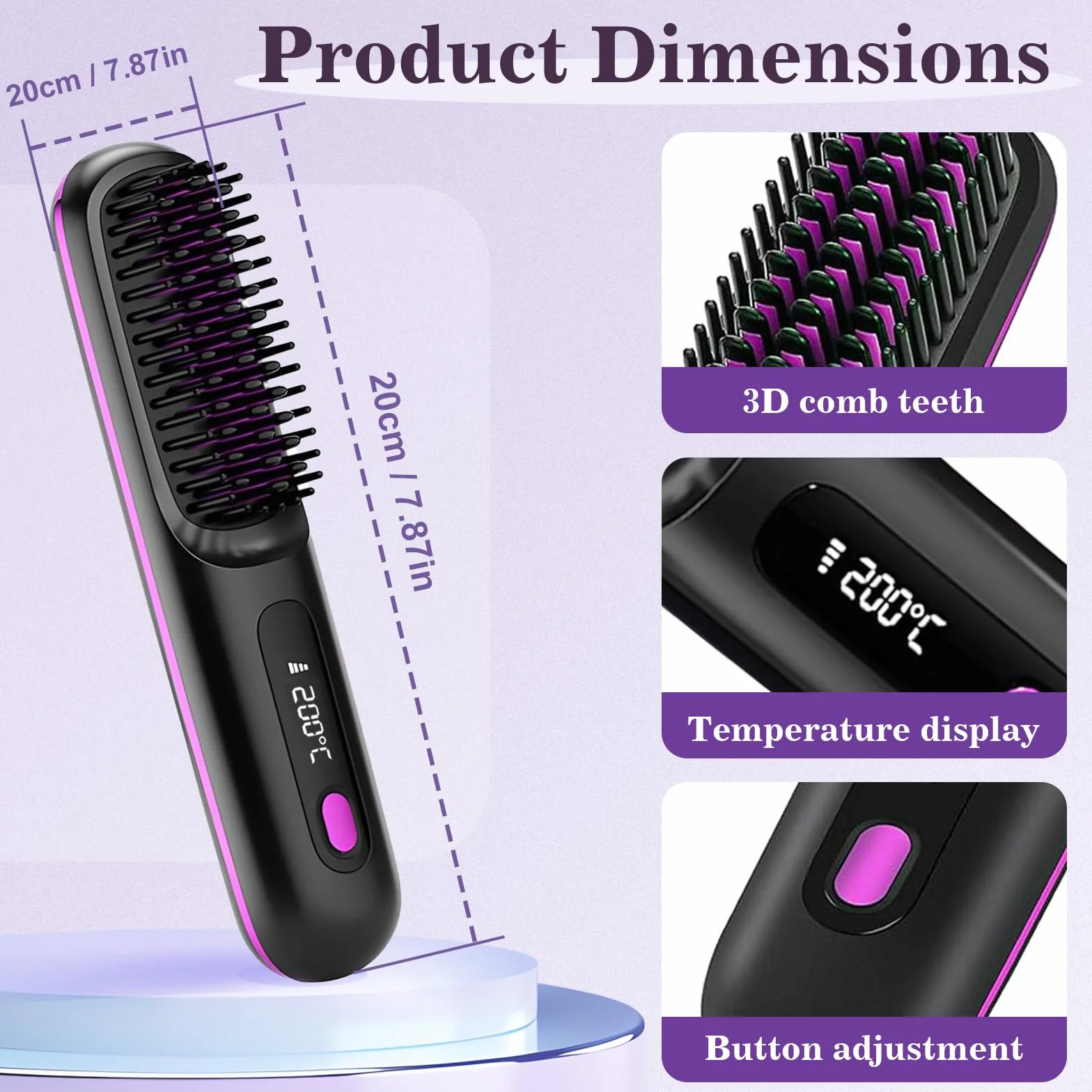 Brosse Lissante Sans Fil 4 en 1, Fer à Lisser Céramique Anti-Brûlure 3 Réglages avec Affichage LED