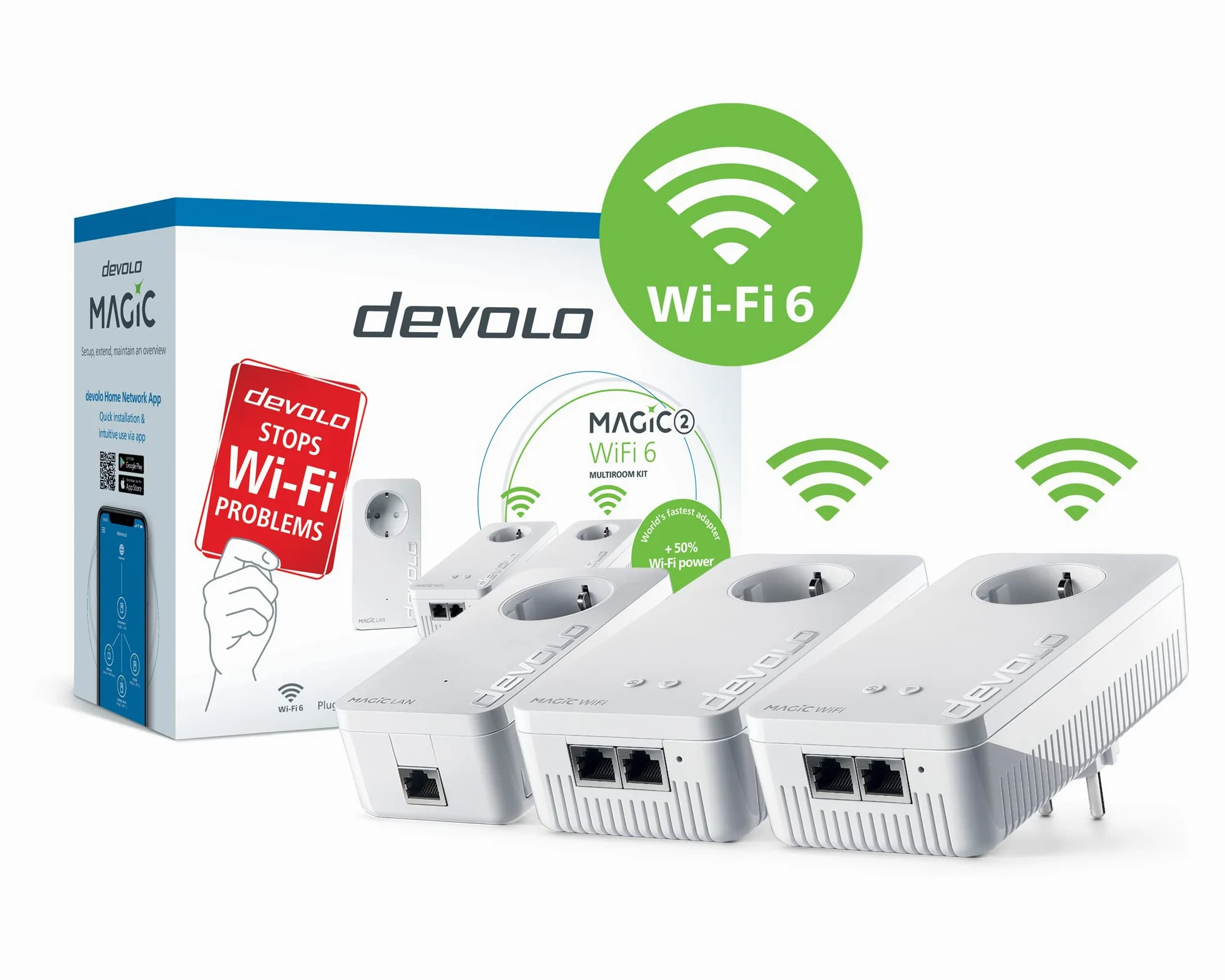 devolo Magic 2 WiFi 6 Multiroom Kit Adaptateur, WiFi Powerline - jusqu'à 2400 Mbps, Point d'accès WiFi Mesh, 4X Connexion LAN Gigabit dLAN 2.0, Blanc