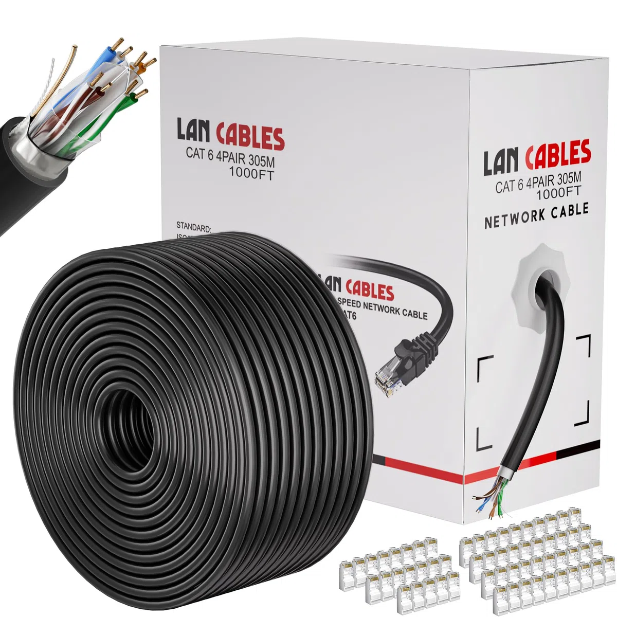 MEIPEK Câble Ethernet Cat 6 de 304,8 m d'extérieur (60 RJ45), FTP blindé Cat 6 en vrac, 23 AWG, très résistant, à enfouissement direct, imperméable, résistant aux UV, pour routeur, PC, jeux, CCA