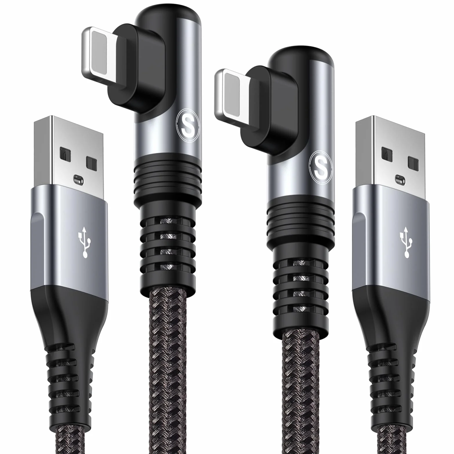 SWECENT Câble iPhone Coudé 90° 2m Lot de 2 Nylon Tressé Charge Rapide Compatible iPhone 14/13/12/11/Pro/X/XS/XR/8/8 Plus/7/7 Plus/6s/6s Plus/6/6 Plus/SE/5s
