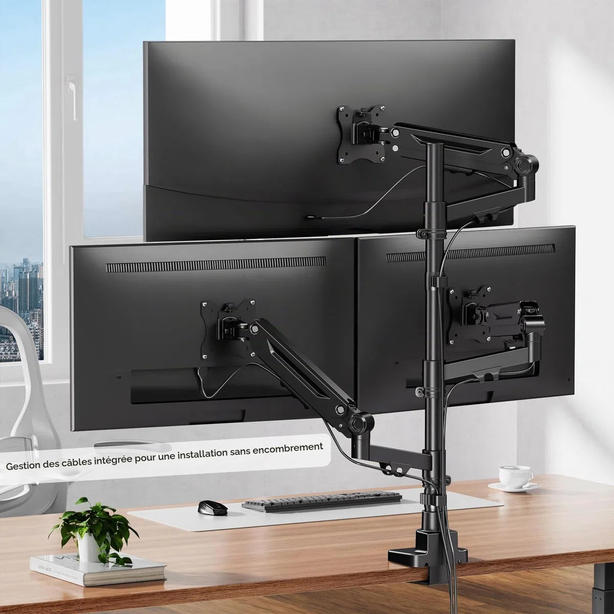 PUTORSEN Support de Moniteur 3 moniteurs pour écran de 17 à 35", Support pour 3 écrans réglable en Hauteur avec Une capacité de 12 kg par Bras, Barre de 80 cm, VESA 75/100 mm