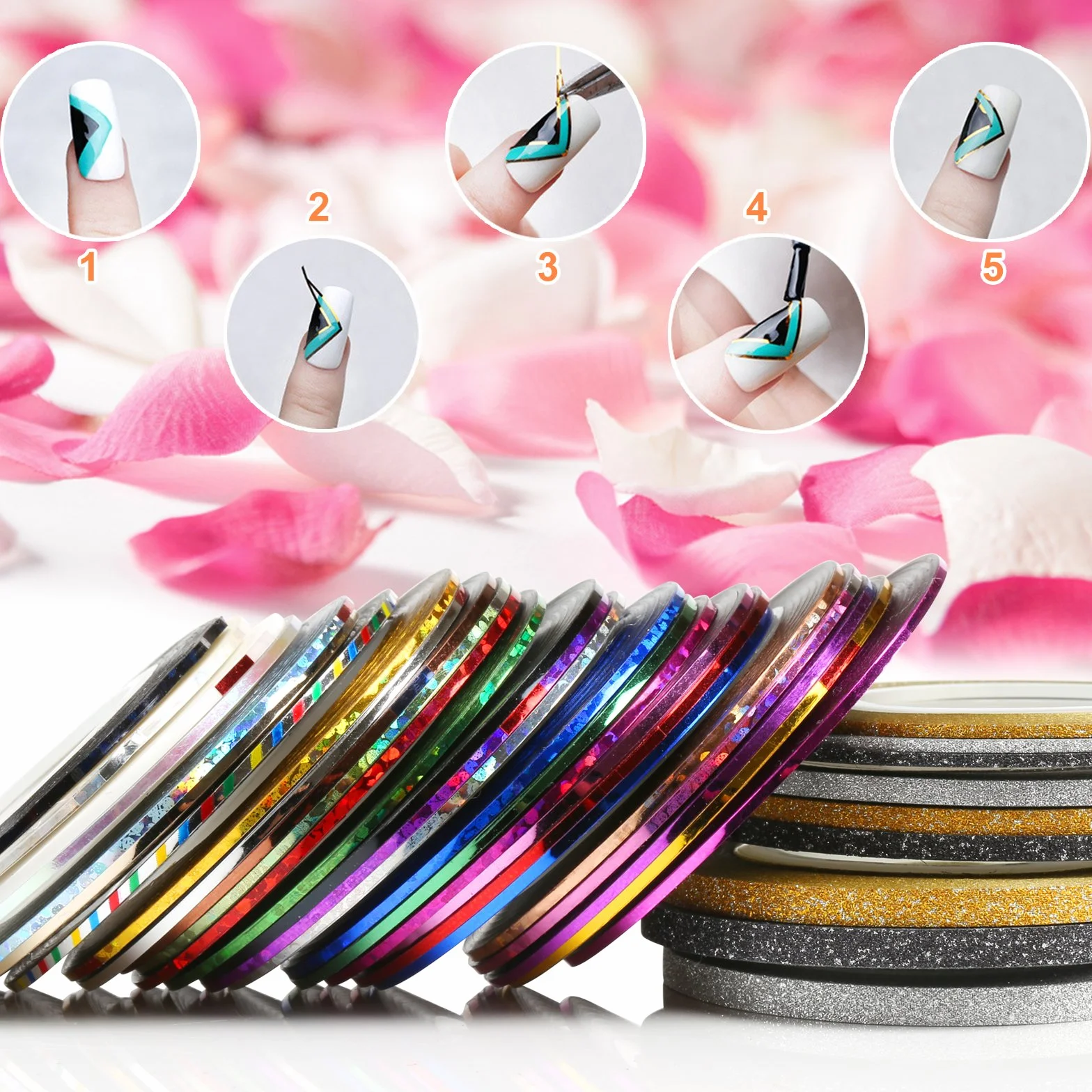 Naler 36 pcs Rouleaux Striping Tape Ligne Nail Art Décoration Autocollant DIY + 20 pcs Gel UV Acrylique Full Cover Faux ongles