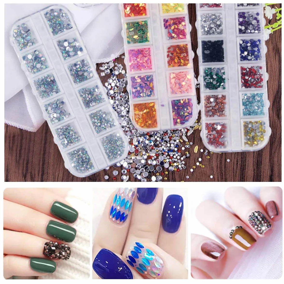 Kit de Strass pour Ongles 8 Boîtes Décorations 3D Cristaux Diamants Paillettes avec Pince à Épiler