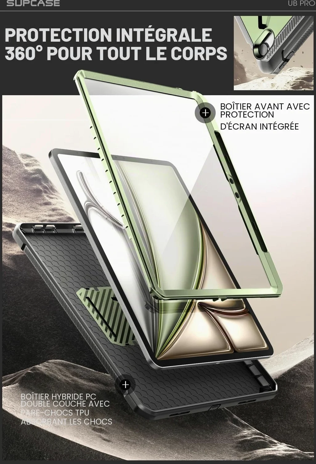 SUPCASE Coque pour iPad Air 13 Pouces (2025/2024) avec Fente Stylet [Support Pliable & Protecteur d'écran Intégré] Protection Robuste Qualité Militaire Intégrale pour iPad Air 13" M3/M2, Vert