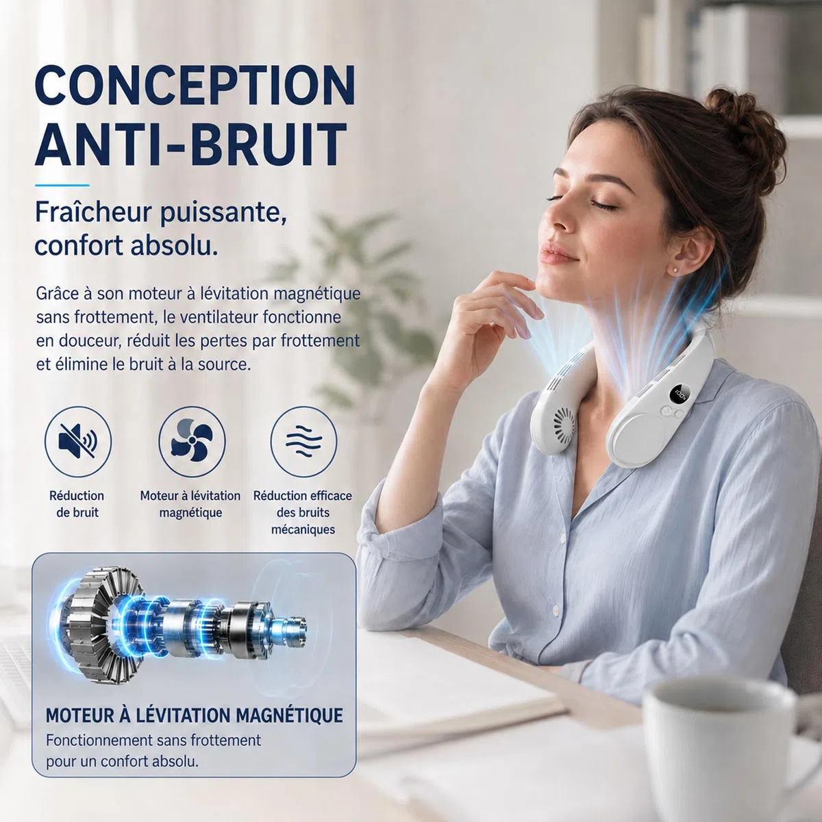 Ventilateur de cou 4000mah Réduction bruit 3 vitesses réglables