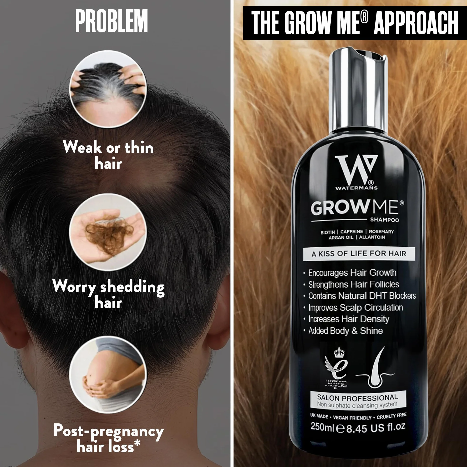 Watermans shampooing croissance capillaire sans sulfate caféine biotine huile d'argan allantoïne romarin