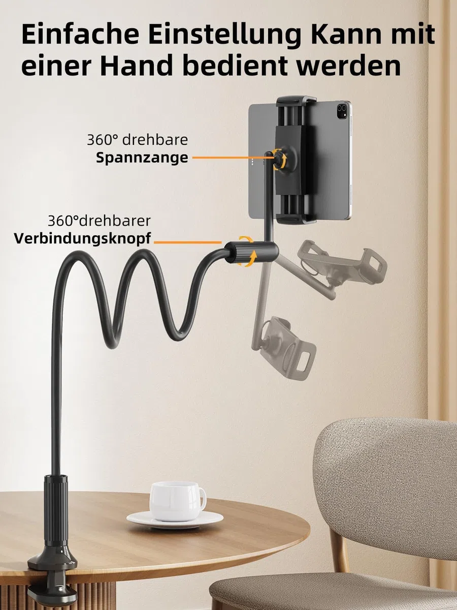 SAIJI Support Col de Cygne 120 cm pour Tablette et Téléphone, Support de Lit Réglable à Une Main, Compatible avec iPad, iPhone, Kindle Fire 4.7" à 12.7"