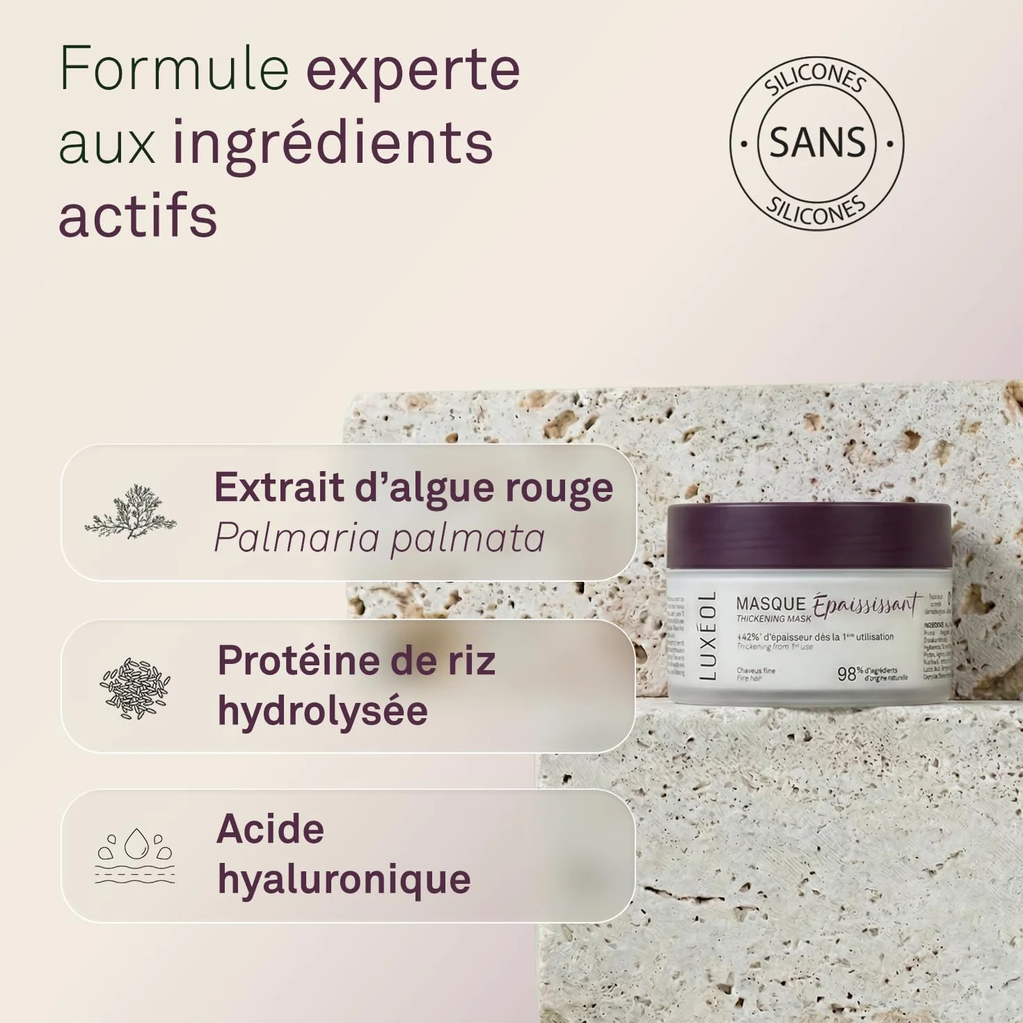 LUXEOL Masque Cheveux Epaississant 200 ml Algue Rouge Acide Hyaluronique Protéine de Riz