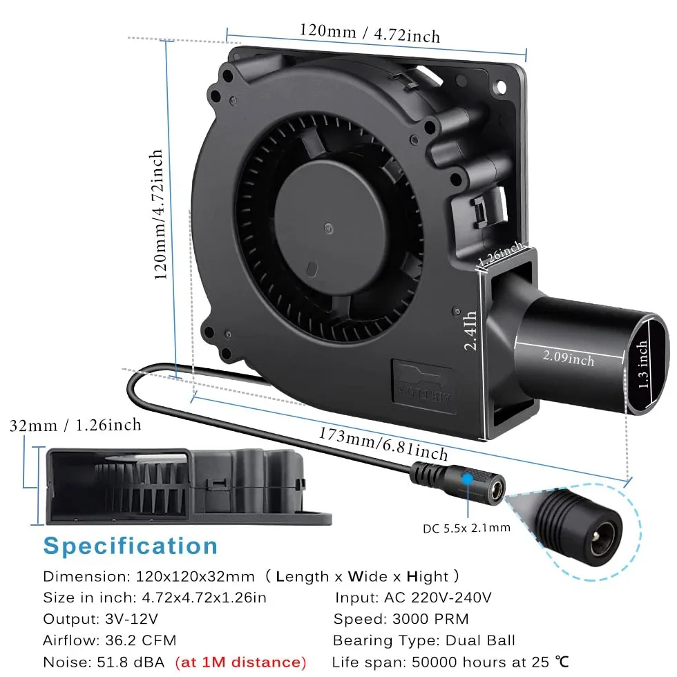 GDSTIME Ventilateur Radial 220V 120mm x 32mm à roulement à billes Réglable | Ventilateur de refroidissement Centrifuge Turbo 120mm Blower Fan Contrôleur de Vitesse