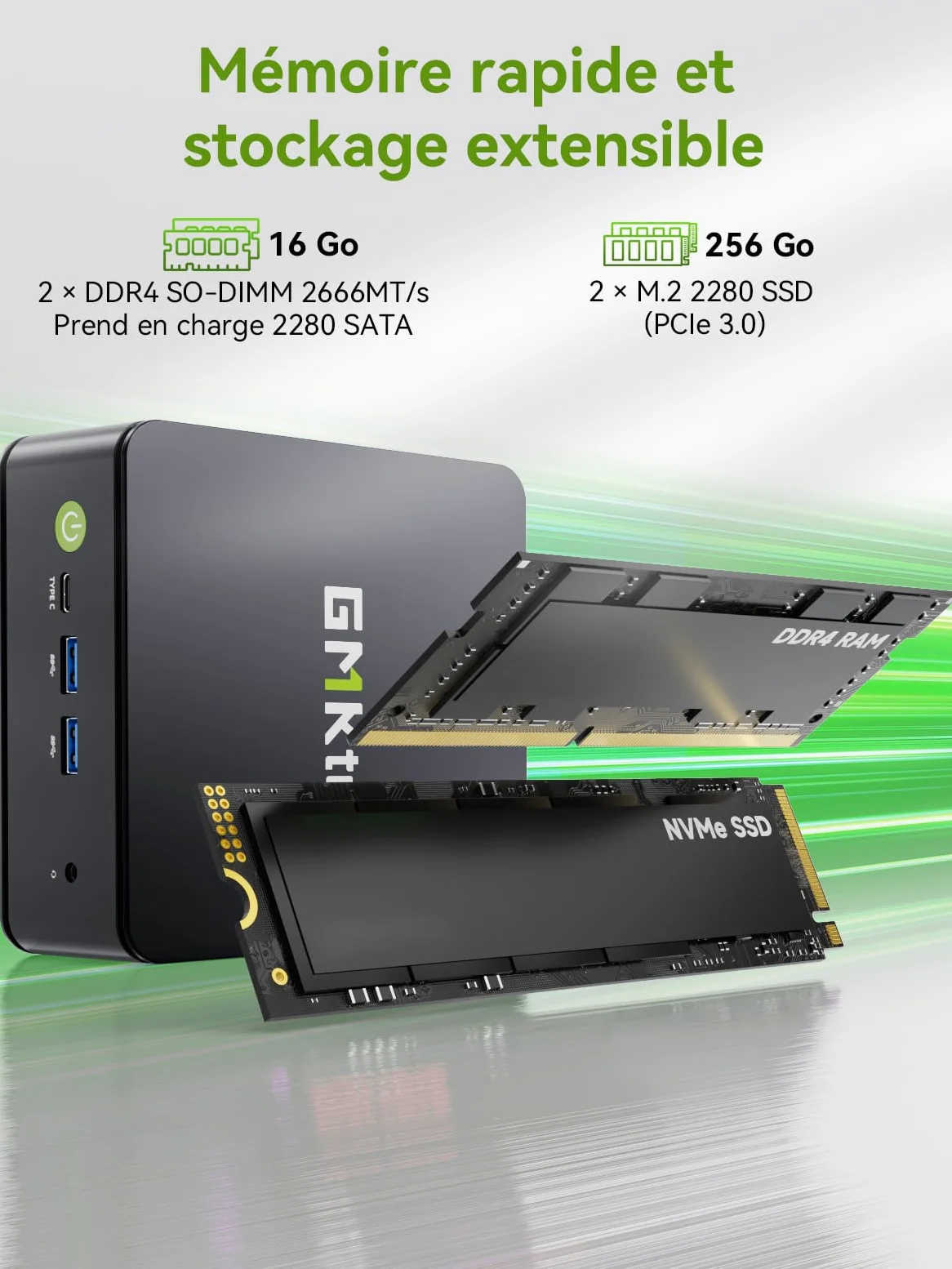 GMKtec G11 Mini PC avec AMD Ryzen Embedded R2514, 3 Ans d'assistant, 4C/8T Jusqu’à 3,7 GHz (Beats 4300U), 16Go DDR4 256Go SSD PCIe 3.0, Dual LAN 2,5G/WiFi6E/Triple écran 4K, pour Bureau/NAS/routeur