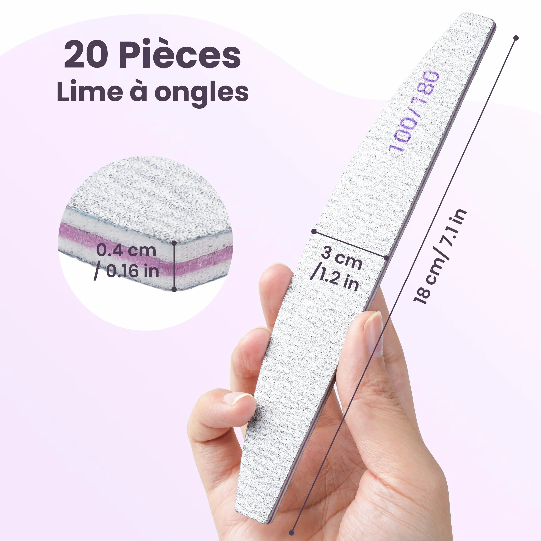 Lot de 20 Limes à Ongles 100 180 Grain, Lime Double Face pour Ongles en Gel et Acrylique, Kit de Lima Ongle Réutilisable