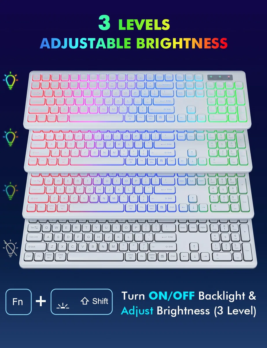 Clavier et souris sans fil – Rétroéclairé RVB, lettres rechargeables et lumineuses, pleine taille, angle d'inclinaison ergonomique, mode veille, clavier silencieux 2,4 GHz pour Mac, Windows,