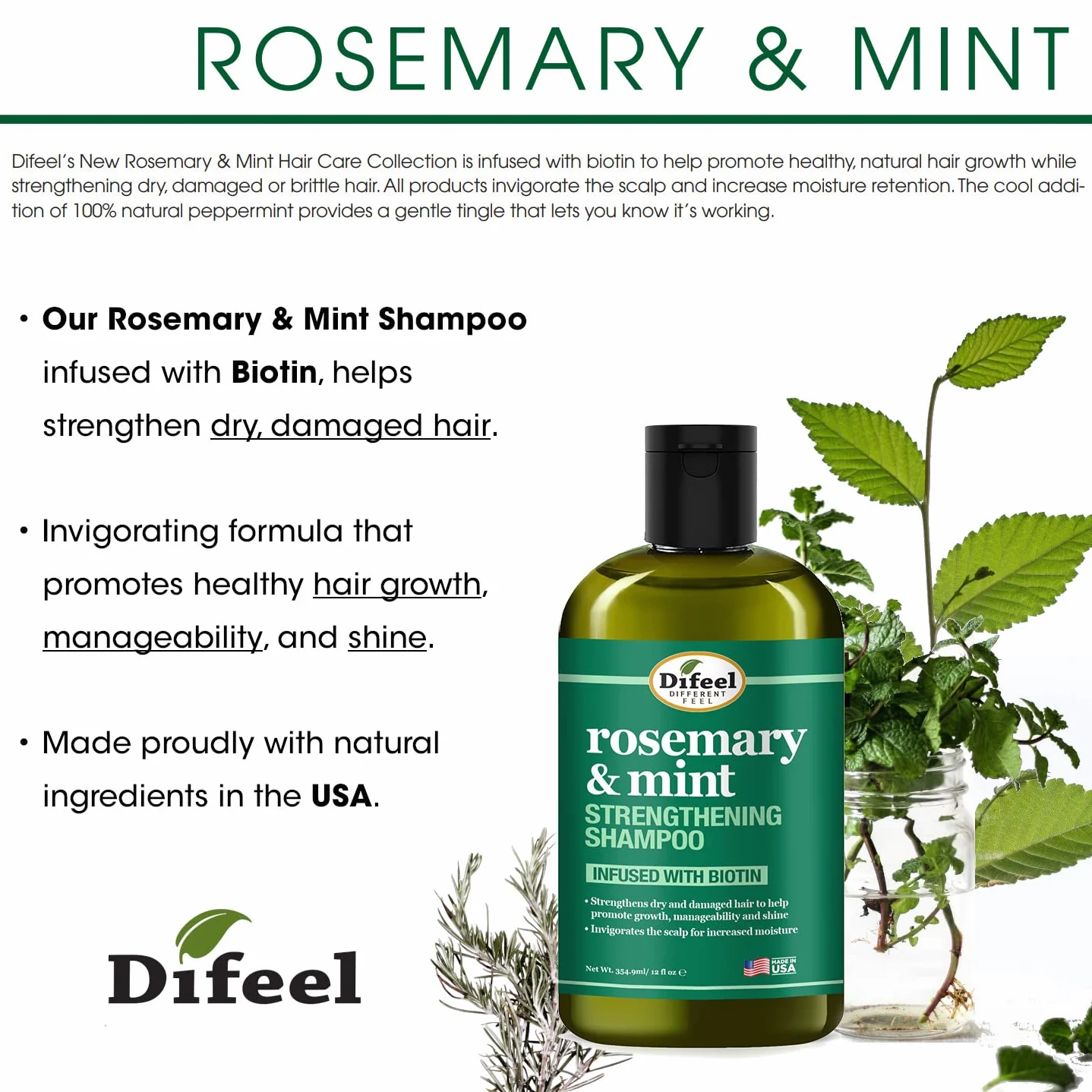 Difeel Shampoing au romarin et à la menthe fortifiant cheveux secs 355 ml