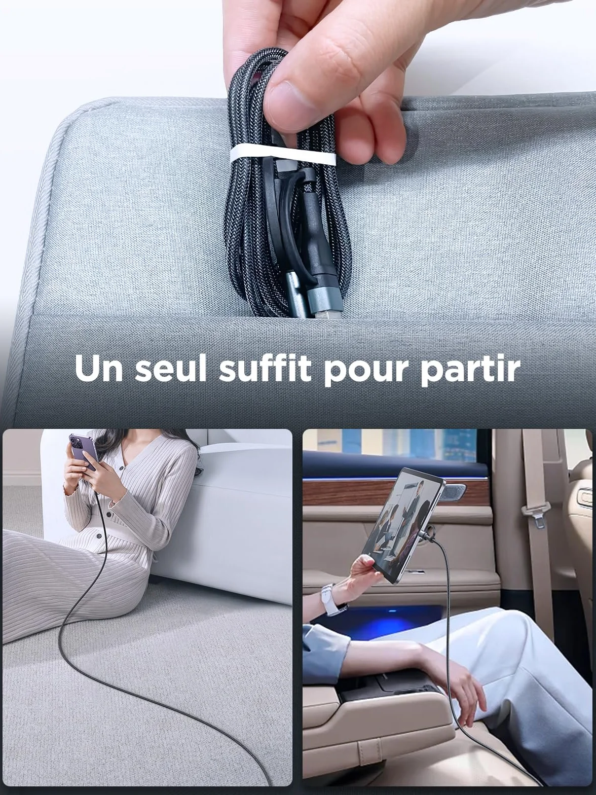 Câble Multi USB 4 en 1 1M Nylon Tressé USB C vers Lightning pour iPhone Galaxy S24 Huawei