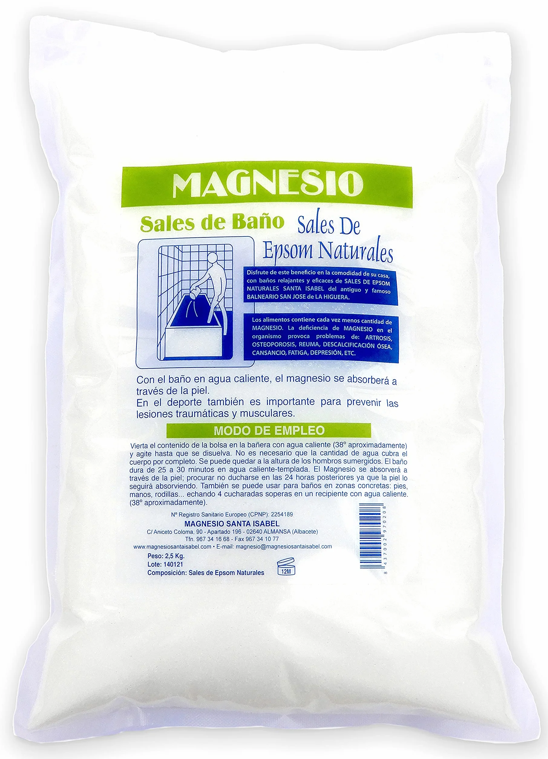 Sel d'Epsom Naturel 2,5 kg - Sulfate de Magnésium Pur Santa Isabel pour Bain Relaxant et Récupération Musculaire