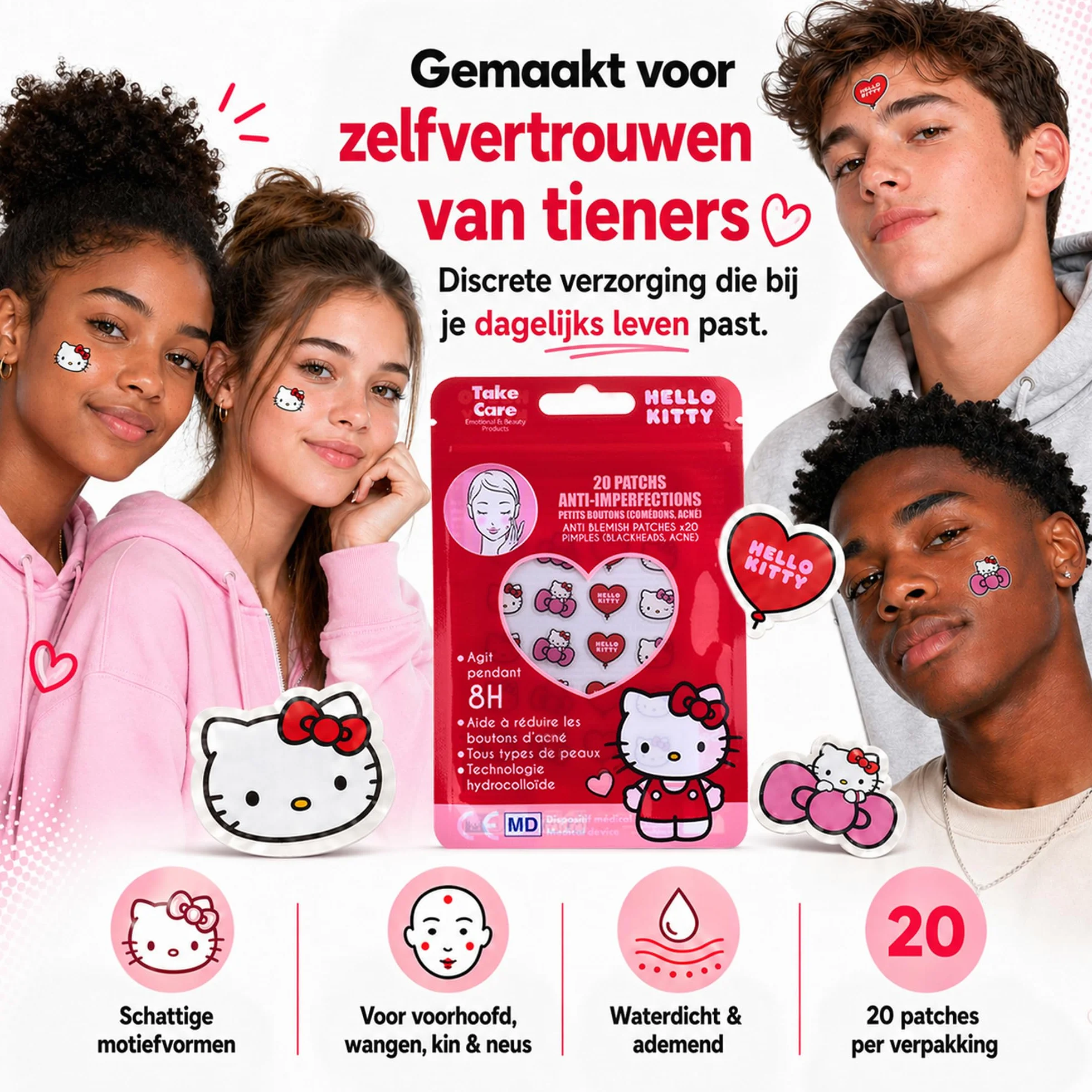 Hello Kitty Patch Bouton Hydrocolloïde 20 pcs – Anti Acné Visage Jour Nuit – Pimple Patch Absorbe Sébum Point Noir Nez Design Cute