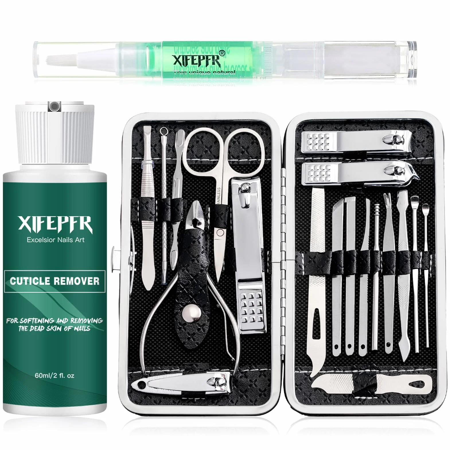 Kit Manucure Pédicure 19 Pièces Acier Inoxydable Professionnel Noir
