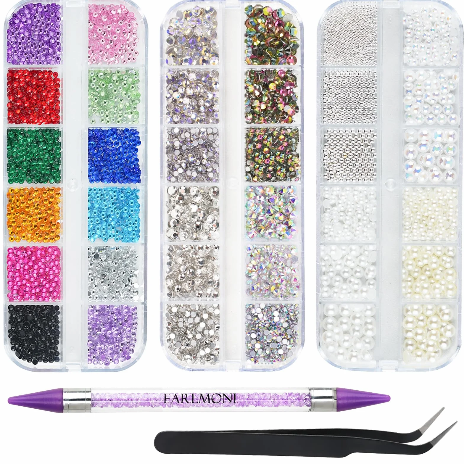 EARLMONI 5200 Strass Cristal AB Flatback Rhinestone Kit Bedazzling avec Stylo à Cire Double Extrémité pour Ongles DIY