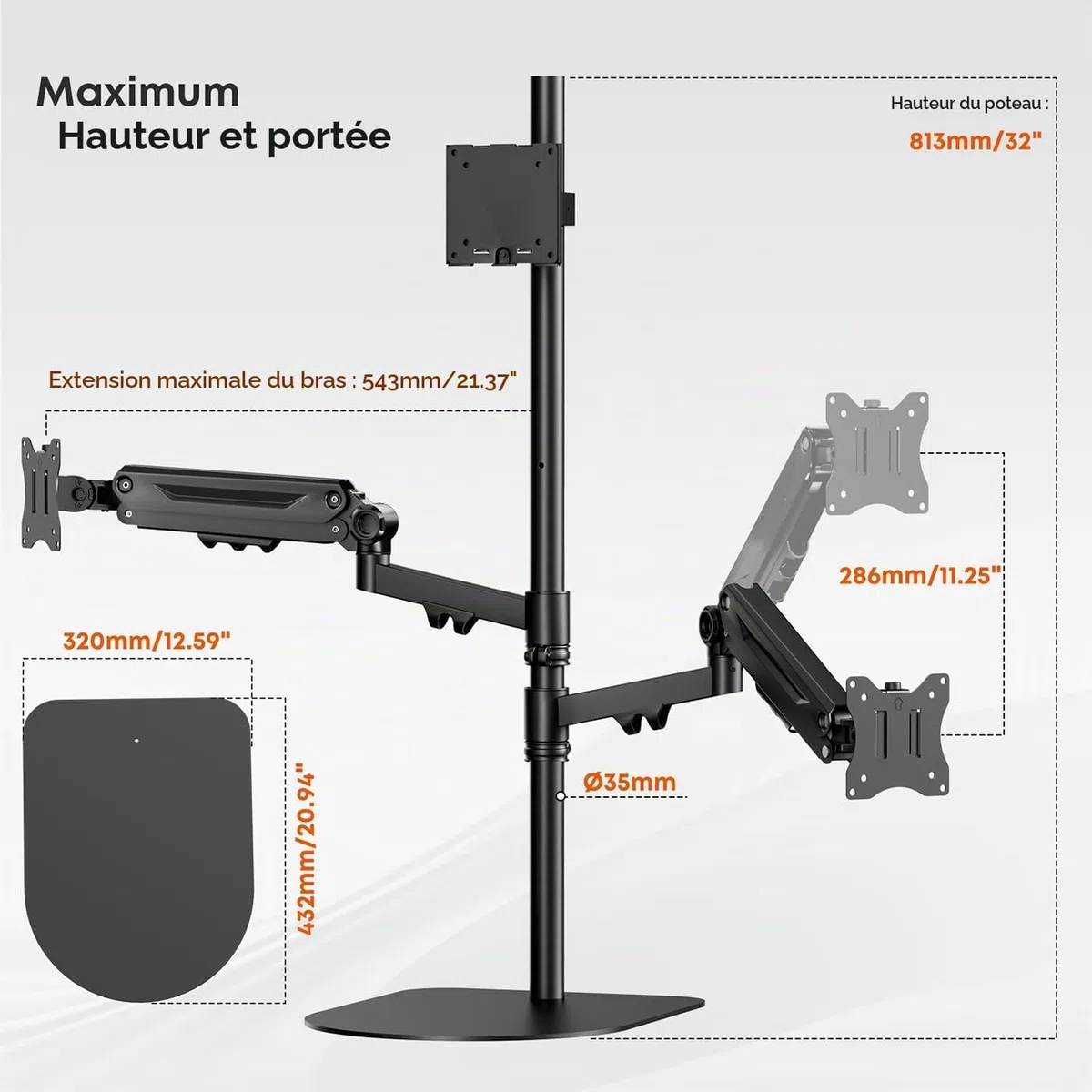 Support Ecran PC 3 Ecran pour Moniteurs 1 Fixe 49" et 2 Ressort Gaz 35"