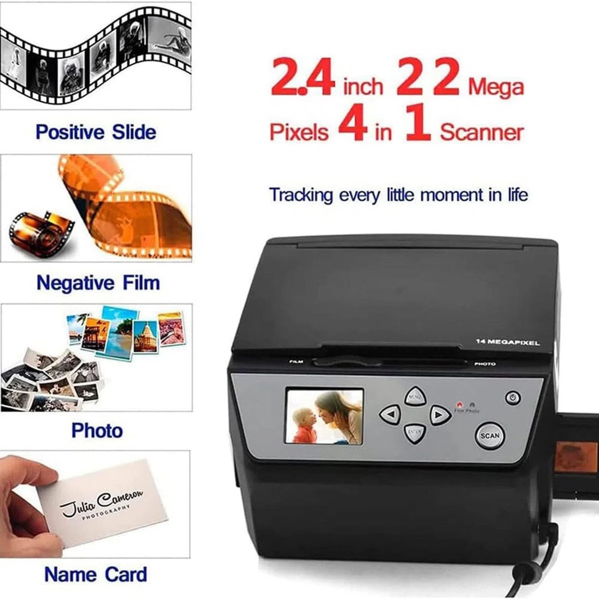 Scanner multifonction USB (film, diapositives et photos) - Convertit des films de 135 et 110 mm, des diapositives de 35 mm et des photos, des documents et des cartes de visite en fichiers Jpg