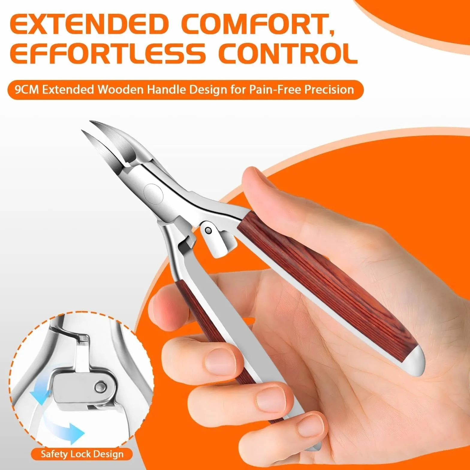 Coupe Ongle Set Professionnel 6PCS Kit Pedicure Pied avec Manche en Bois Antidérapant Verrou Sécurité