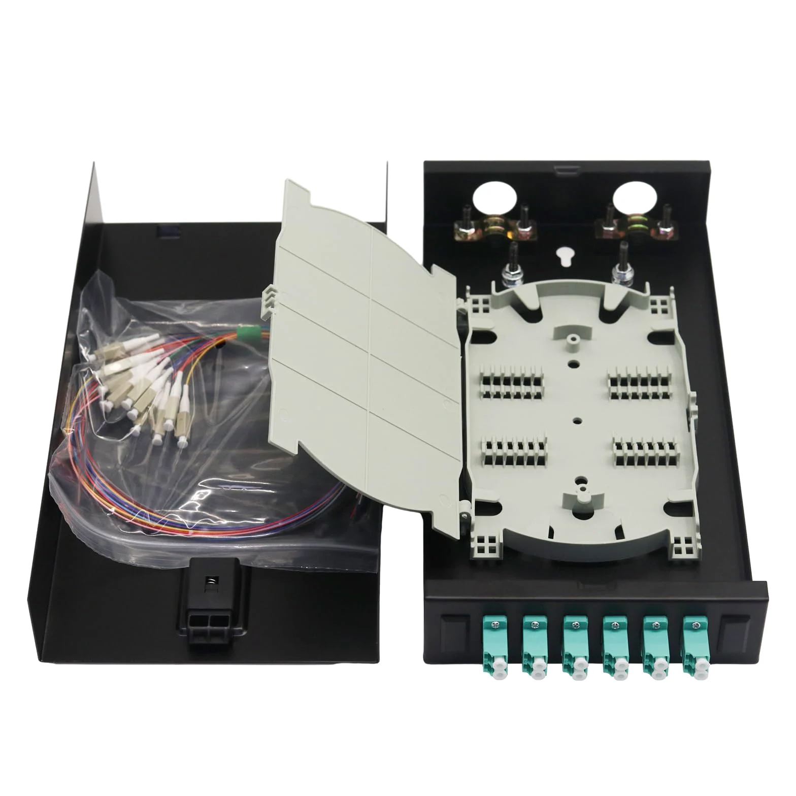LC-MM LC-OM3 Boîtier mural en fibre optique duplex 12 ports avec bobine multimode LC-OM3 (comprend 1,2 m Pigtail et 6 coupleurs)