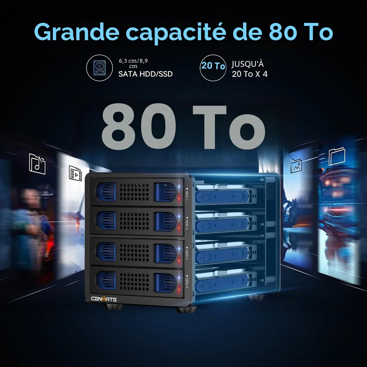 Boîtier Raid, CENMATE Boîtier de Disque Dur 4 Baies pour 2,5/3,5 SATA HDD/SSD avec Câble USB A/C 3.0, Boîtier de Disque Dur Externe Compatible avec Une Capacité de 80To, 8 Modes