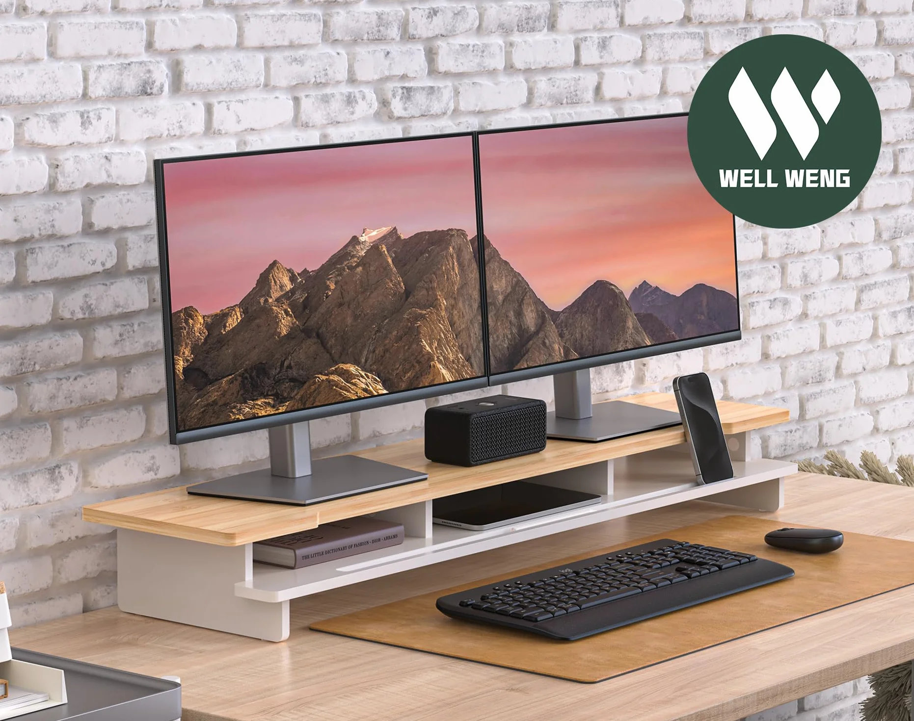 WELL WENG Support double pour moniteur de bureau, étagère en bois avec organiseur de rangement et support pour smartphone et tablette 108 cm blanc bambou naturel