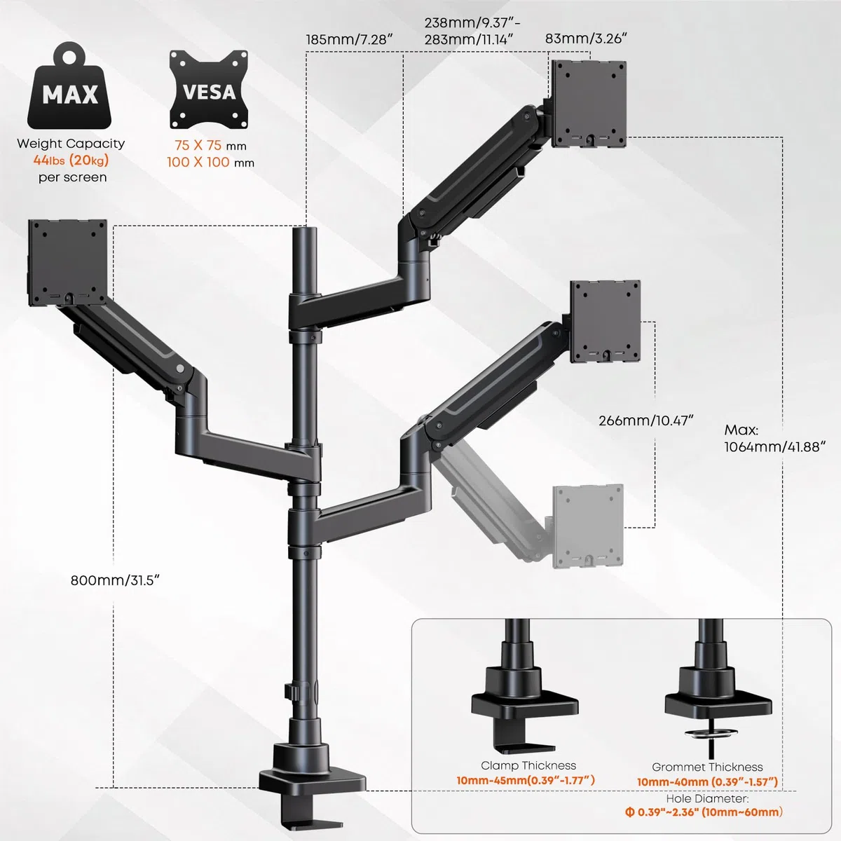 PUTORSEN Support 3 Ecran PC pour Écran de 17 à 49 Pouces, Support Triple Ecran, Capacité de Poids de 20kg par Bras, Support d'écran Pivotant et Inclinable, Support Ecran PC 3 Ecran, VESA 75/100 mm