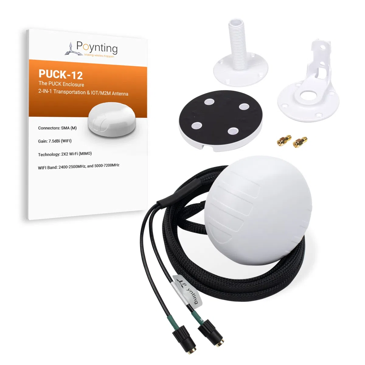 Poynting PUCK-12 Antenne de transport 2 en 1 et M2M/IOT | WiFi | 2X2 MIMO | 2400-2500 MHz | 5000-7200 MHz | Blanc
