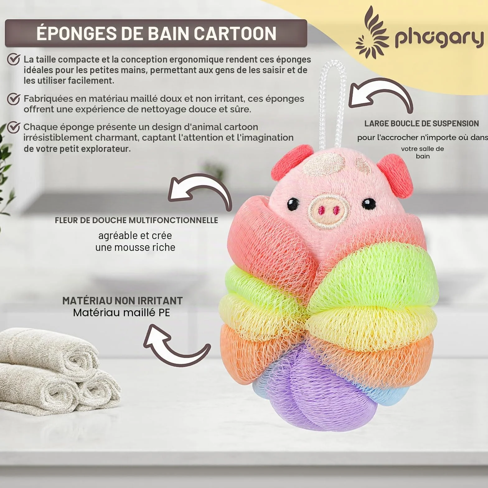 PHOGARY Lot de 3 Fleur de Douche Lavable pour Enfants, Éponges Luffa en Forme d'Animal