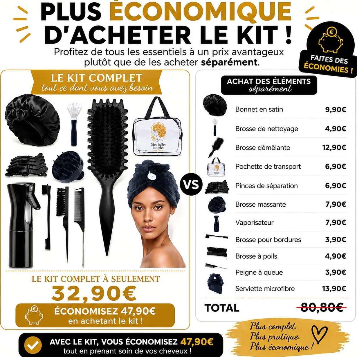 Kit Complet Cheveux Bouclés Frisés Crépus Ondulés Brosse Définition Spray 200ml Bonnet Satin Serviette Microfibre Accessoires Brosse Massante Cuir Chevelu Routine Anti-frisottis