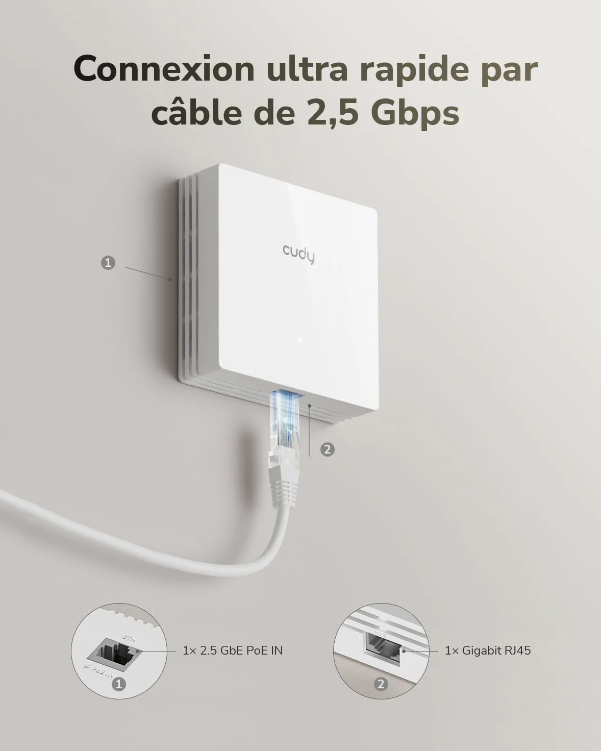 Cudy AX3000, Point d'accès WiFi 6 Mural, 2,5 GbE PoE, AP3000E Wall | 2402 + 574 Mbps, 540 pieds carrés, plus de 60 clients, alimentation conforme à la norme IEEE IEEE 802.3at, portail captif