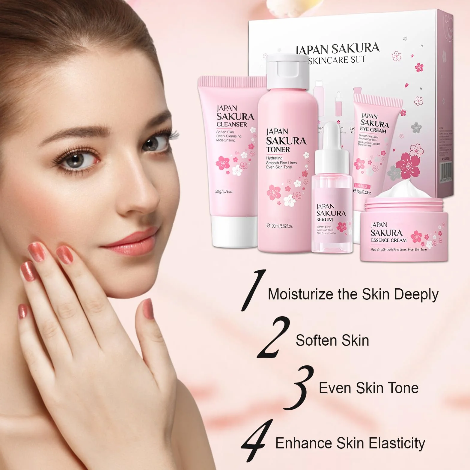 Sakura Ensemble de Soins du Visage 5 Pièces, Nettoyant, Toner, Contour Yeux, Sérum, Crème