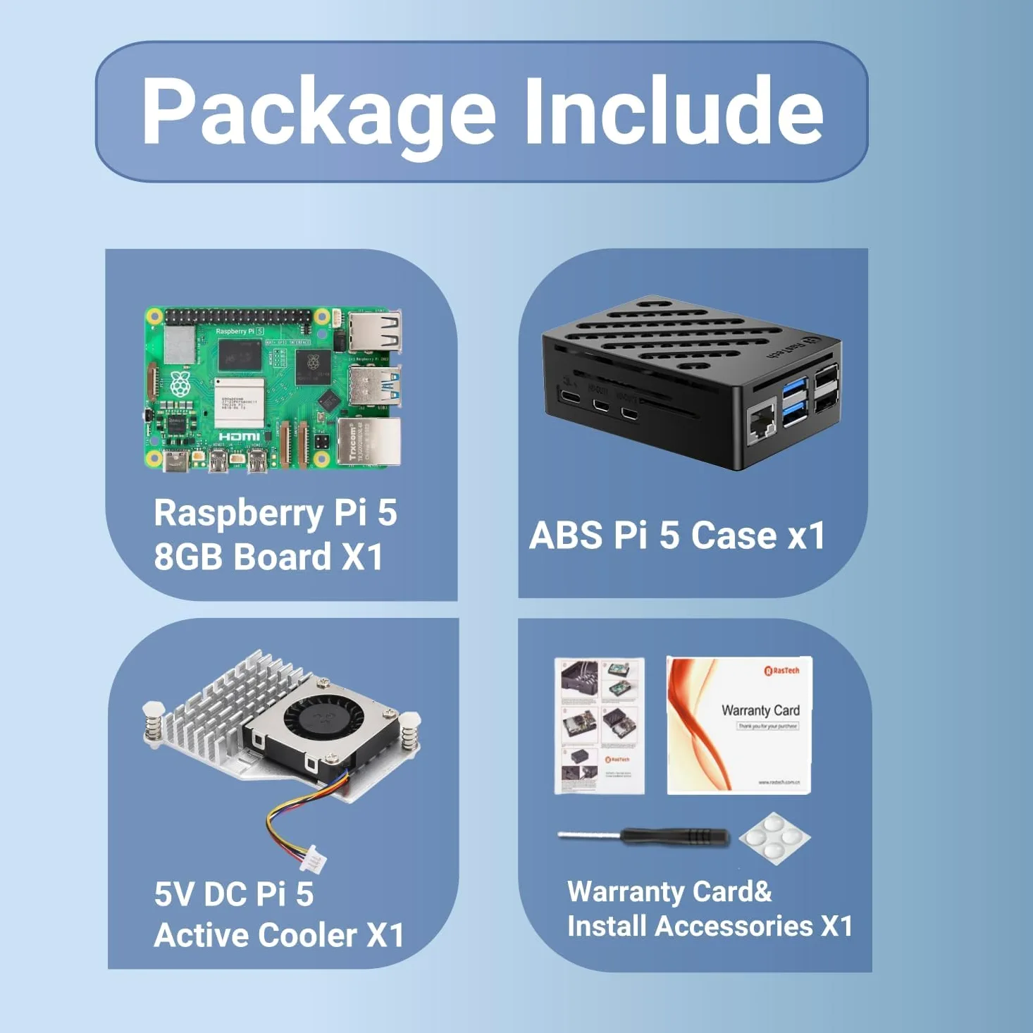RasTech Raspberry Pi 5 Kit de 8 Go de RAM avec boîtier Pi 5, refroidisseur actif, tournevis et Raspberry Pi 5 carte de 8 Go incluse