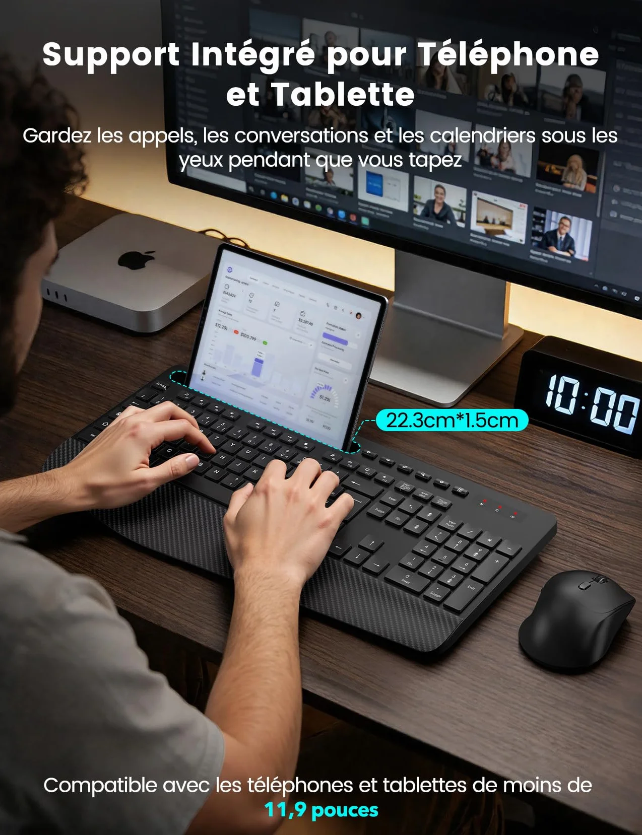 Ensemble Clavier et Souris sans Fil AZERTY-KM23 Noir, Ergonomique Pleine Taille avec Repose-Poignet, Silencieux 2,4 GHz pour PC Windows