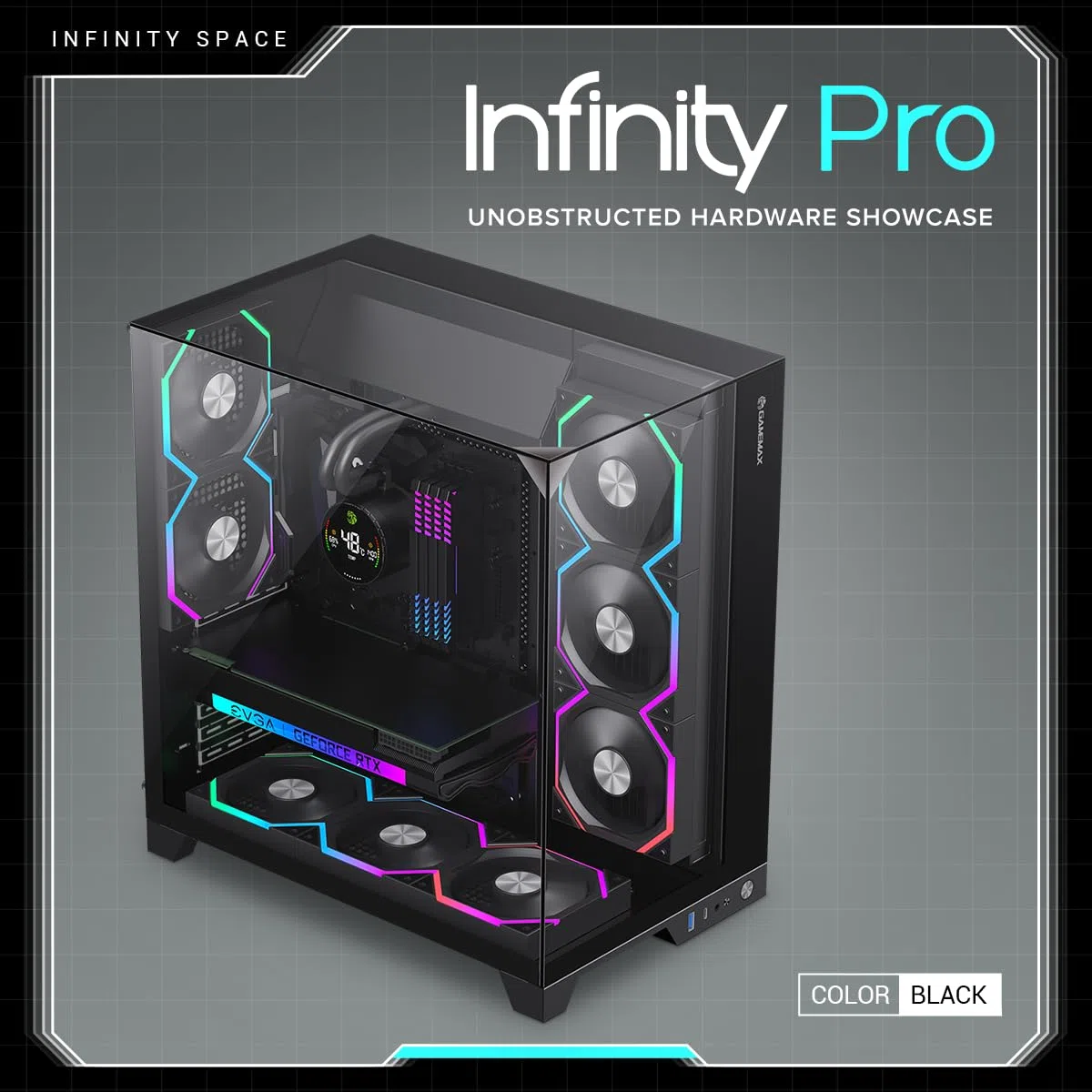 GAMEMAX Infinity Pro ATX Boîtier PC Verre trempé, 5 Ventilateurs ARGB PWM préinstallés, USB 3.0 et Type-C, Prend en Charge Aura Sync & BTF(Noir)