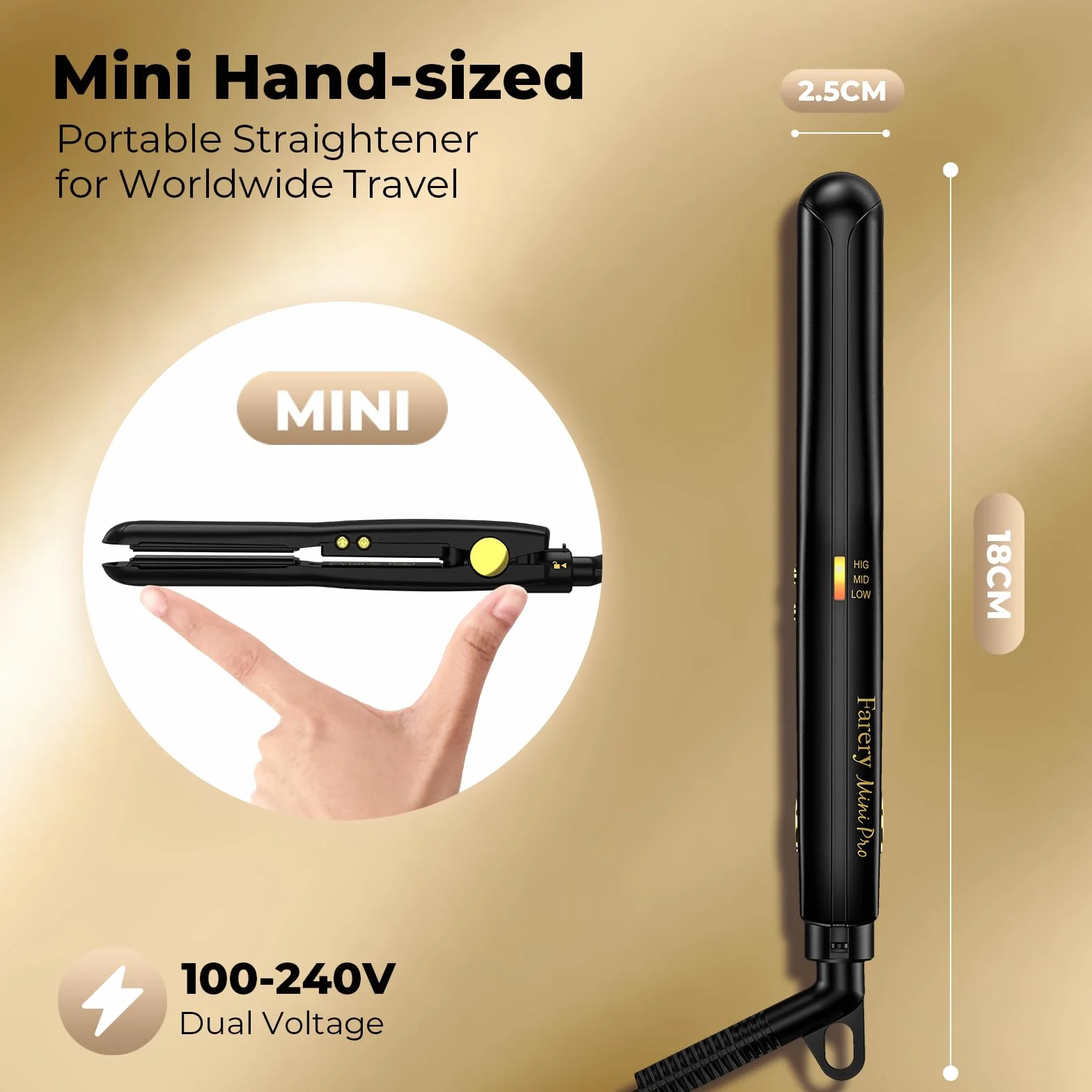 Farery Mini Lisseur Cheveux Courts Portable Température Réglable Arrêt Automatique Noir