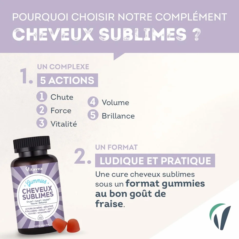 Vitavea Gummies Cheveux Sublimes Biotine Levure de Bière Kératine Zinc Collagène Anti-Chute Brillance 40 Gummies Fruits Rouges
